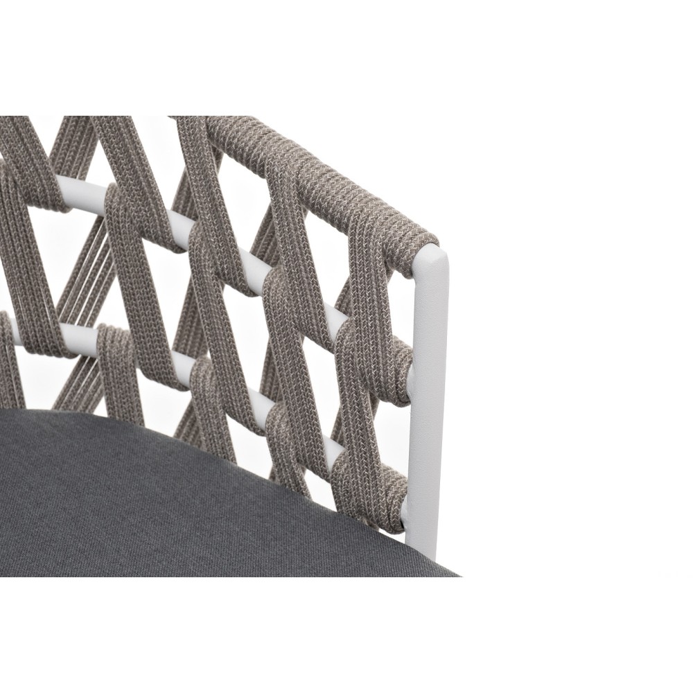 "Диего" стул плетеный из роупа, каркас из стали белый муар, роуп серый меланж круглый, ткань серая 017 "Диего" стул плетеный из роупа, каркас из стали белый муар, роуп серый меланж круглый, ткань серая 017