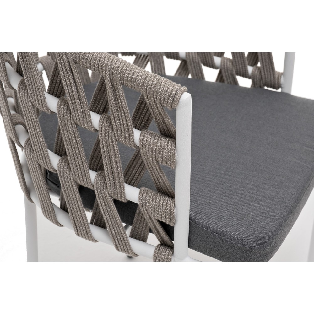 "Диего" стул плетеный из роупа, каркас из стали белый муар, роуп серый меланж круглый, ткань серая 017 "Диего" стул плетеный из роупа, каркас из стали белый муар, роуп серый меланж круглый, ткань серая 017