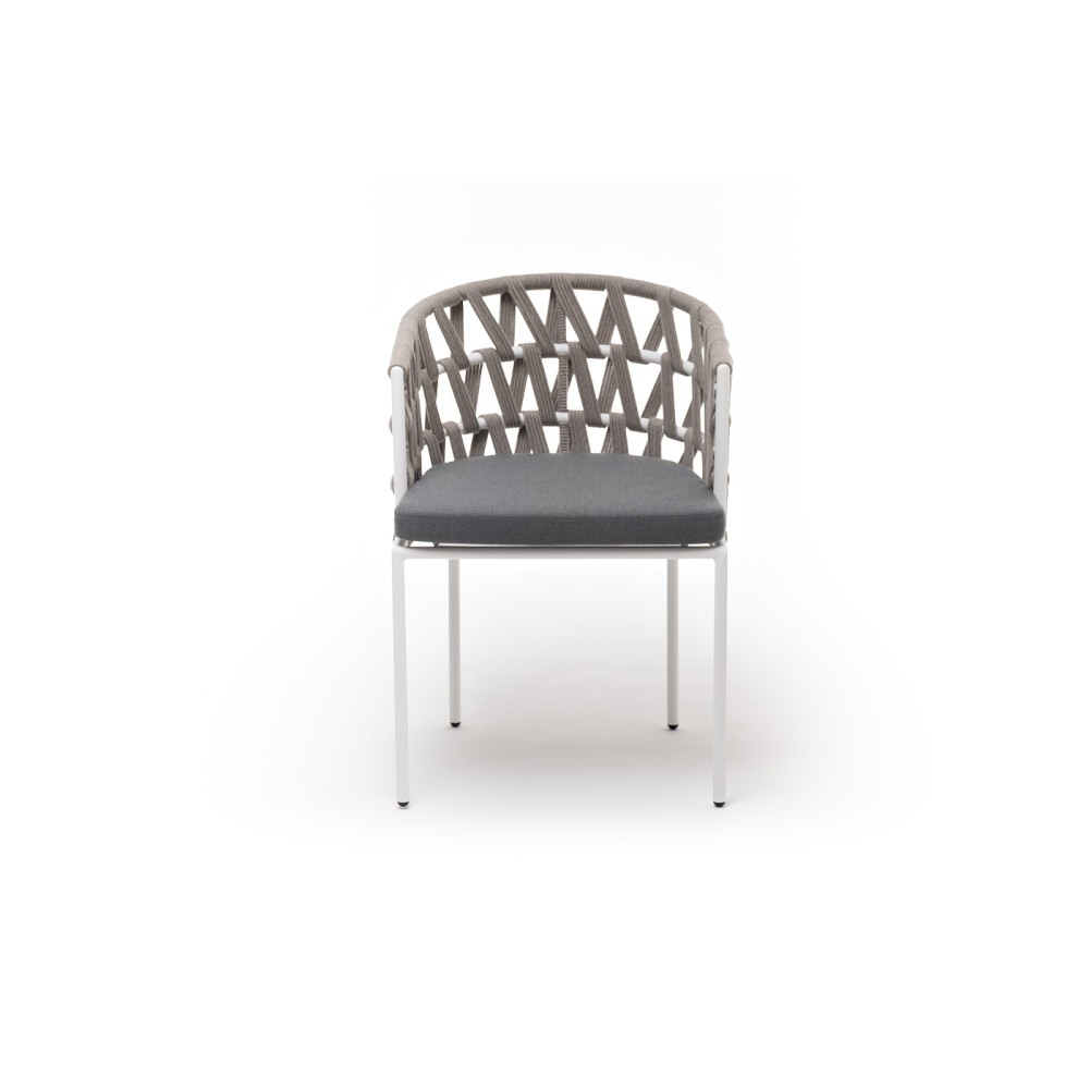 "Диего" стул плетеный из роупа, каркас из стали белый муар, роуп серый меланж круглый, ткань серая 017 "Диего" стул плетеный из роупа, каркас из стали белый муар, роуп серый меланж круглый, ткань серая 017