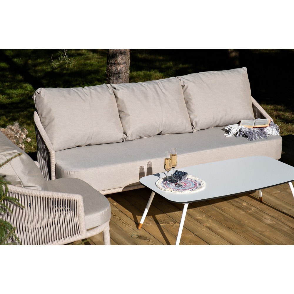 "Верона" диван 3-местный плетеный из роупа, каркас алюминий белый муар, роуп бежевый круглый, ткань бежевая 15052 "Верона" диван 3-местный плетеный из роупа, каркас алюминий белый муар, роуп бежевый круглый, ткань бежевая 15052