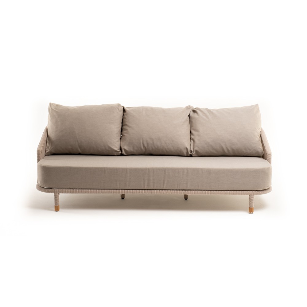 "Верона" диван 3-местный плетеный из роупа, каркас алюминий белый муар, роуп бежевый круглый, ткань бежевая 15052 "Верона" диван 3-местный плетеный из роупа, каркас алюминий белый муар, роуп бежевый круглый, ткань бежевая 15052