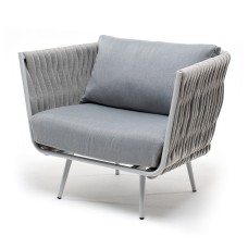 "Монако" кресло плетеное из роупа, каркас алюминий белый муар, роуп светло-серый 40 мм, ткань светло-серая