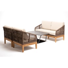 "Канны" диван 2-местный плетеный из роупа, основание дуб, роуп коричневый круглый, ткань бежевая 15052