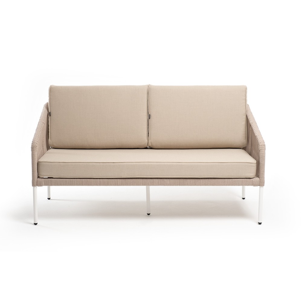 "Канны" диван 2-местный плетеный из роупа, каркас алюминий белый муар, роуп бежевый круглый, ткань бежевая 15052 "Канны" диван 2-местный плетеный из роупа, каркас алюминий белый муар, роуп бежевый круглый, ткань бежевая 15052