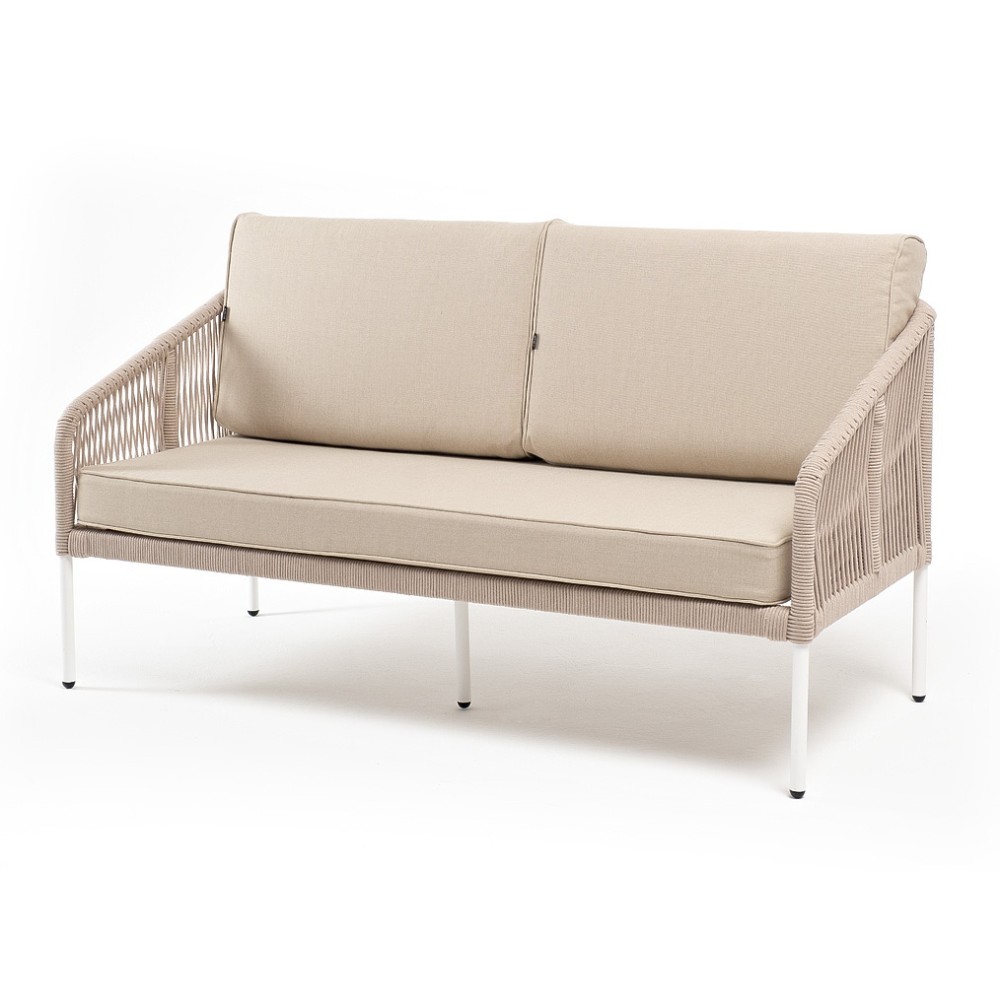 "Канны" диван 2-местный плетеный из роупа, каркас алюминий белый муар, роуп бежевый круглый, ткань бежевая 15052 "Канны" диван 2-местный плетеный из роупа, каркас алюминий белый муар, роуп бежевый круглый, ткань бежевая 15052