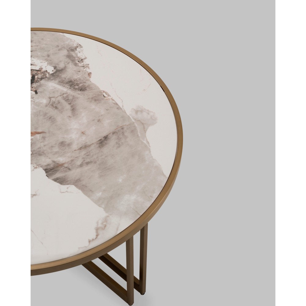 Журнальный столик Алиада 90х90 см светлая керамика сталь шампань Журнальный столик Алиада 90х90 см светлая керамика сталь шампань