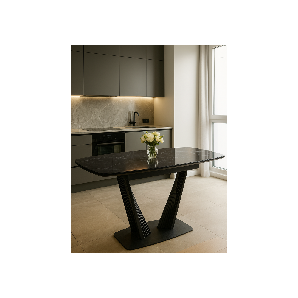 Стол стеклянный Вейл 140(180)х80 черный мрамор / черный Стол стеклянный Вейл 140(180)х80 черный мрамор / черный