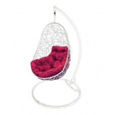Кресло подвесное "Овал" с ротангом, белое, цвет подушки: Бордовый 