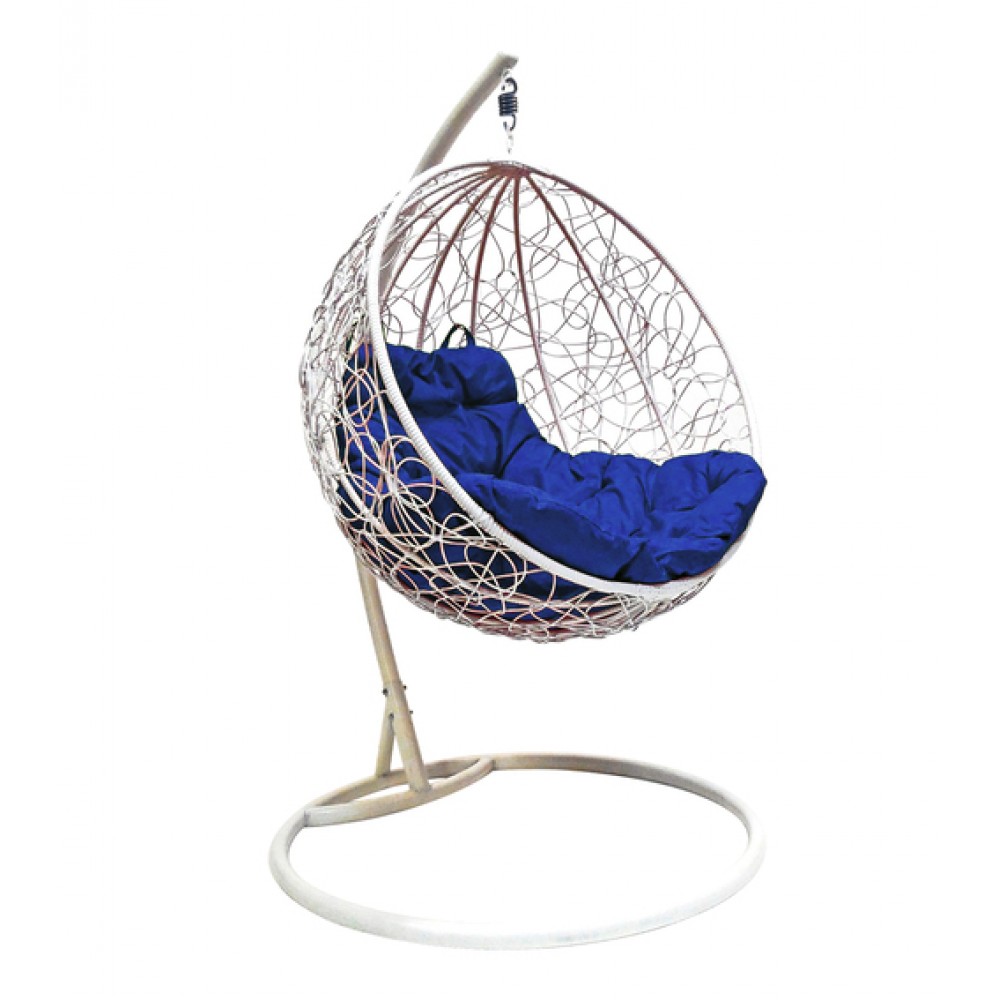 Подвесное кресло "Круглое" с ротангом, белое, цвет подушки: Синий
