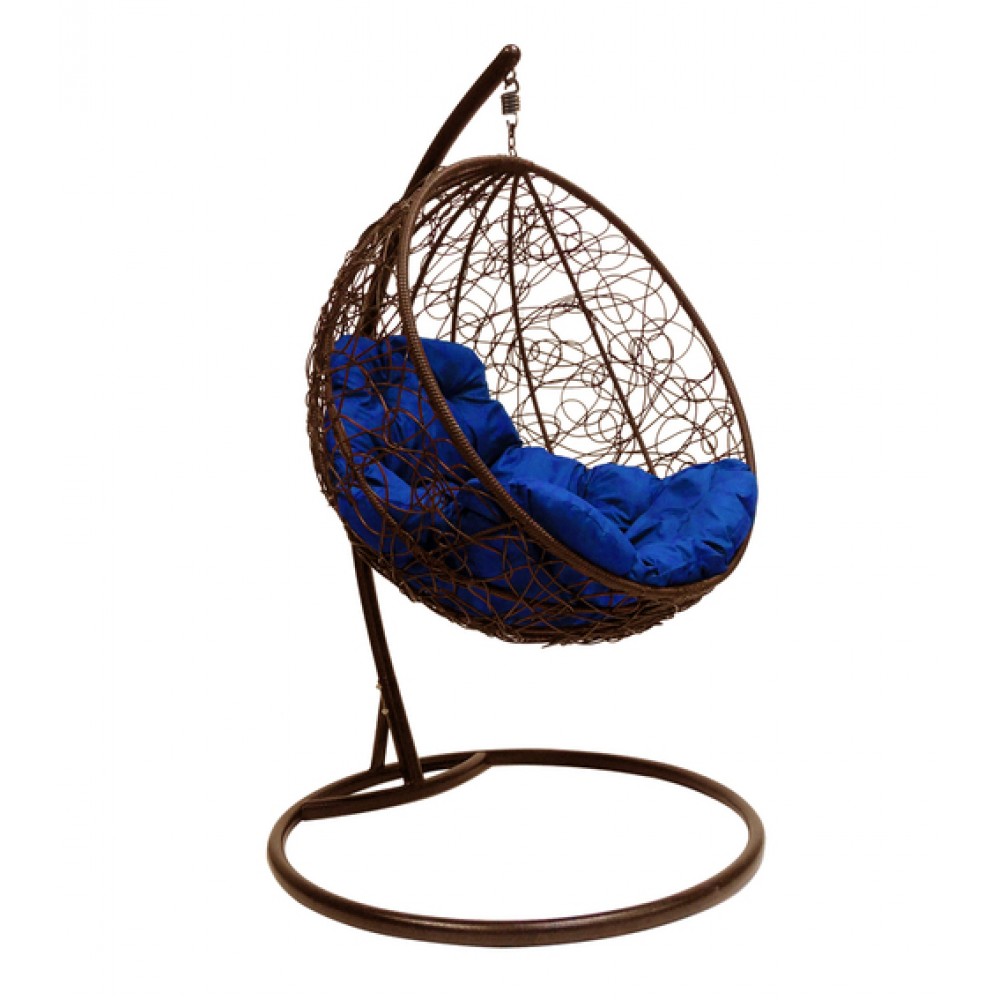 Подвесное кресло "Круглое" с ротангом, коричневое, цвет подушки: Синий