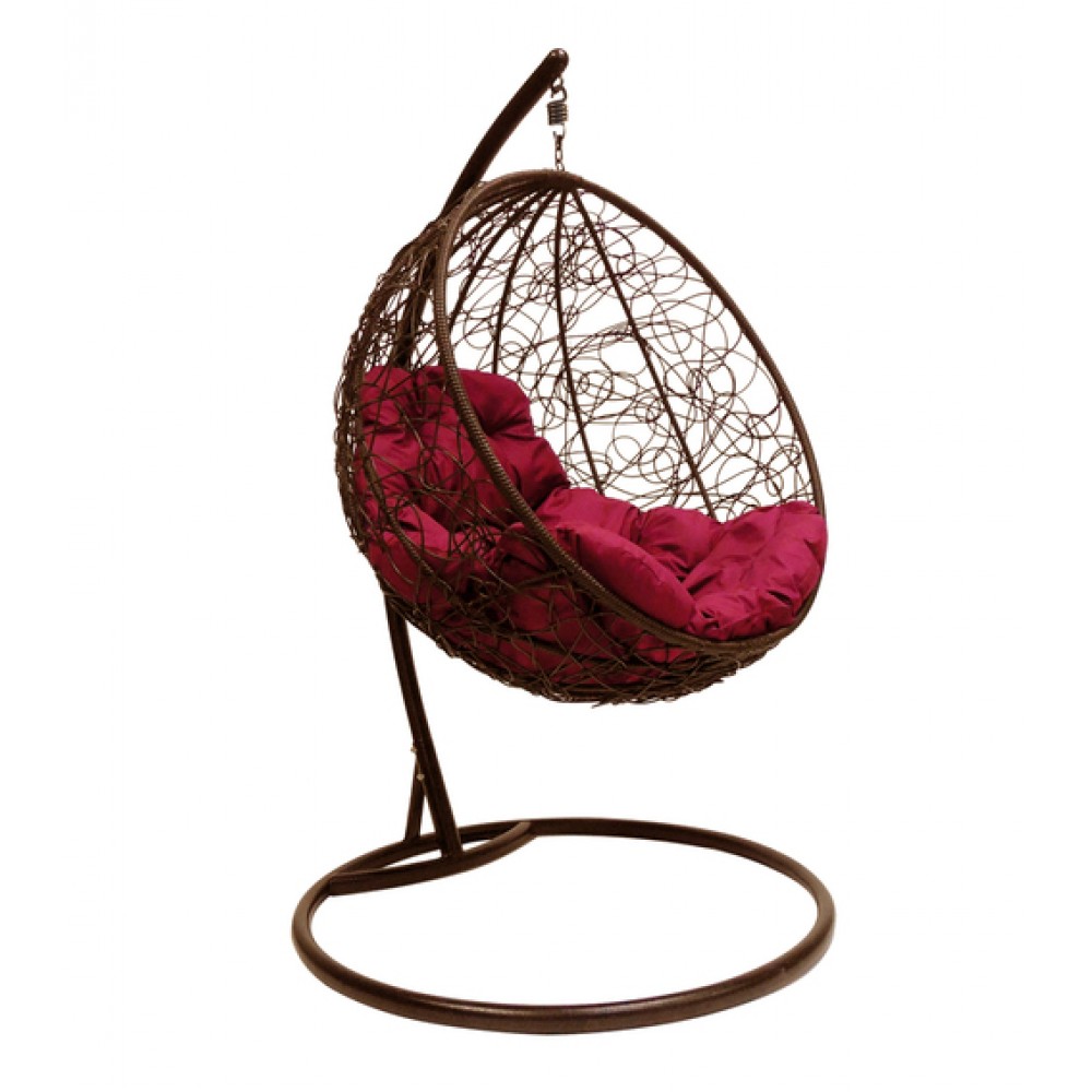 Подвесное кресло "Круглое" с ротангом, коричневое, цвет подушки: Бордовый