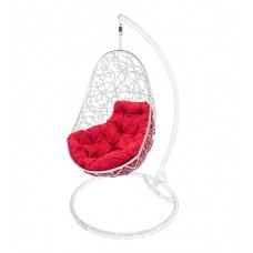 Кресло подвесное "Овал" с ротангом, белое, цвет подушки: Малиновый 