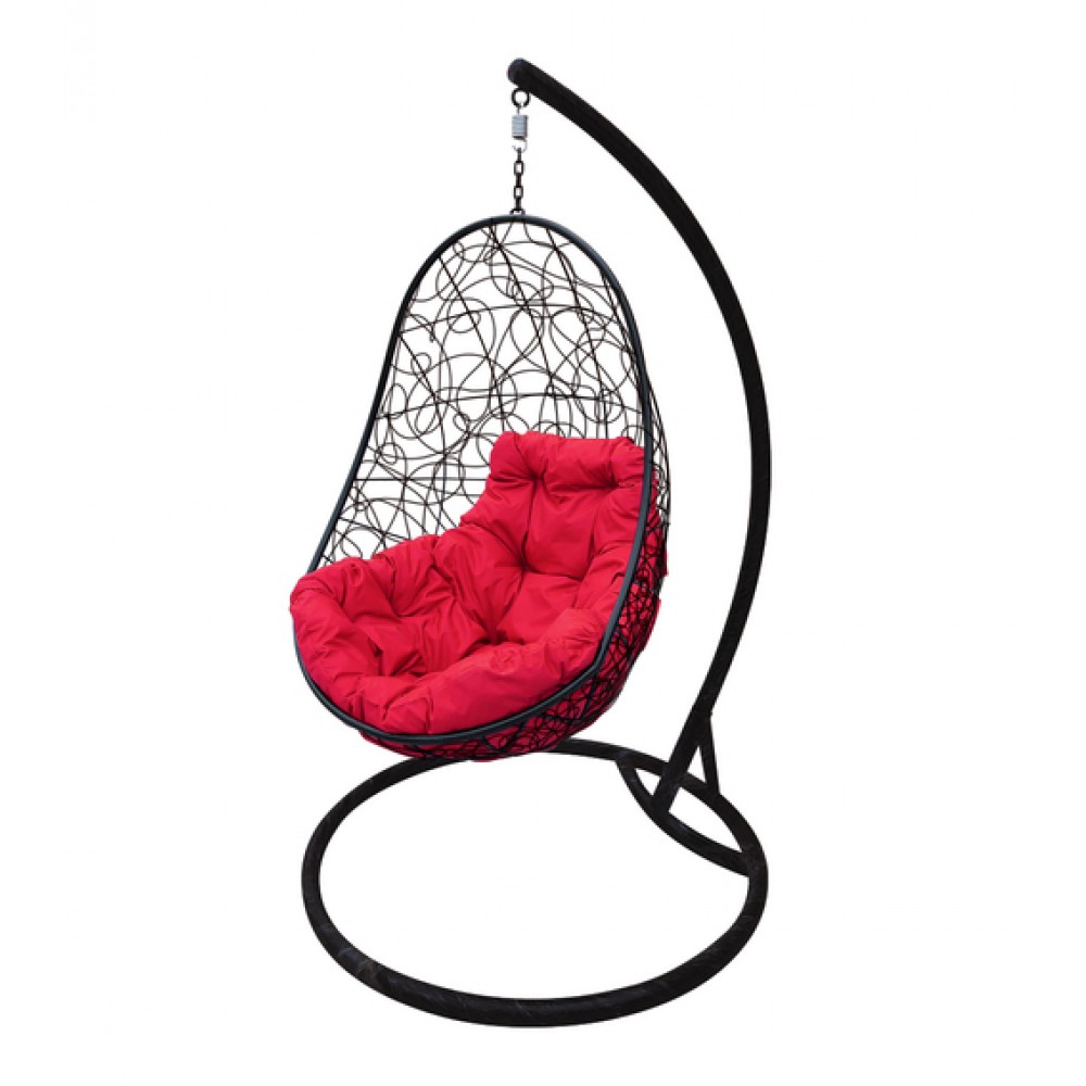 Кресло подвесное "Овал" с ротангом, черное, цвет подушки: Малиновый
