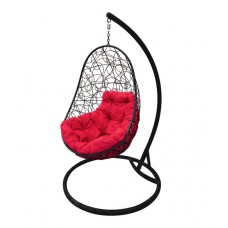 Кресло подвесное "Овал" с ротангом, черное, цвет подушки: Малиновый 