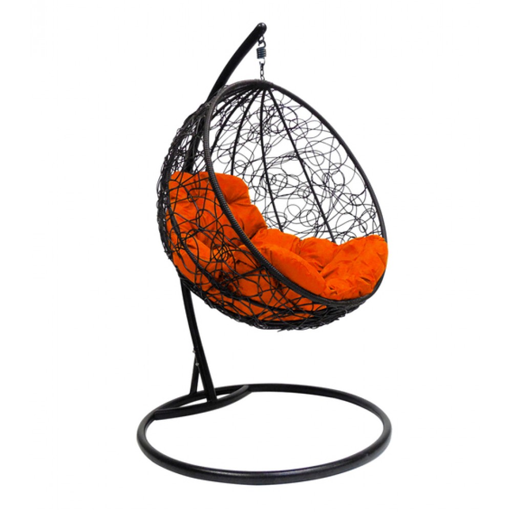 Подвесное кресло "Круглое" с ротангом, черное, цвет подушки: Оранжевый