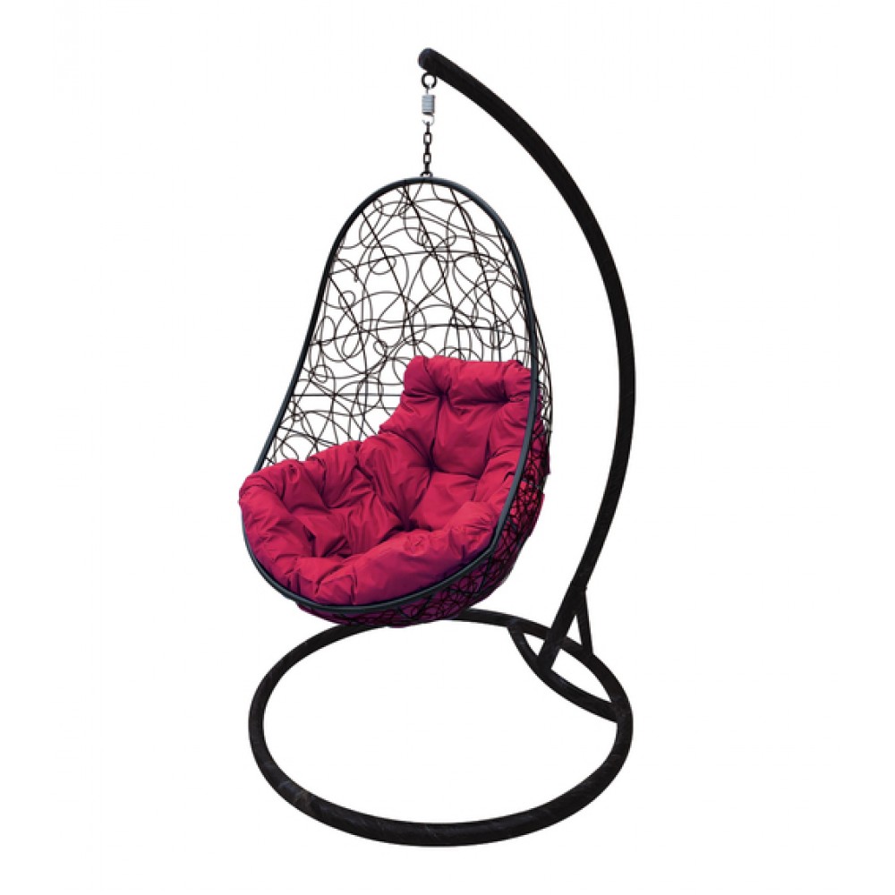 Кресло подвесное "Овал" с ротангом, черное, цвет подушки: Бордовый