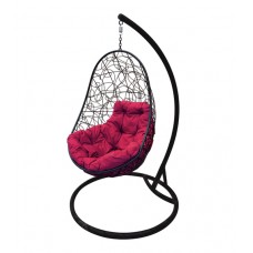 Кресло подвесное "Овал" с ротангом, черное, цвет подушки: Бордовый 