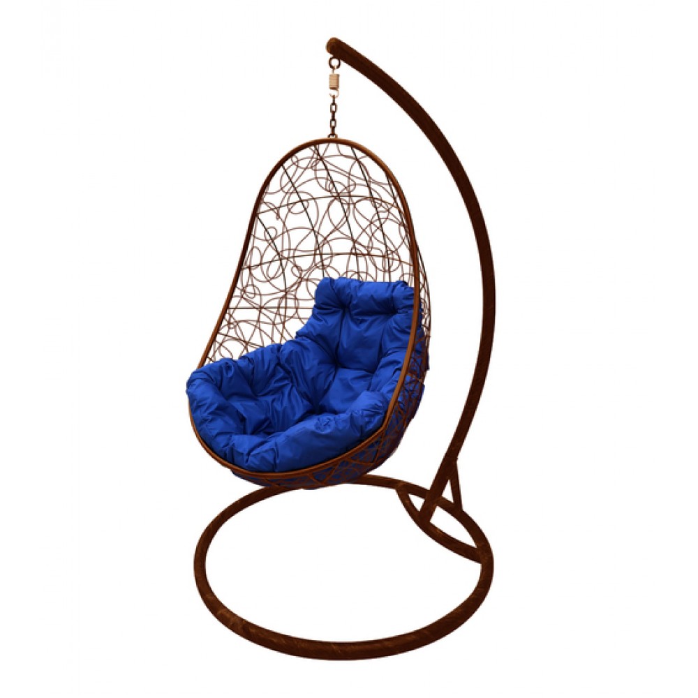 Кресло подвесное "Овал" с ротангом, коричневое, цвет подушки: Синий