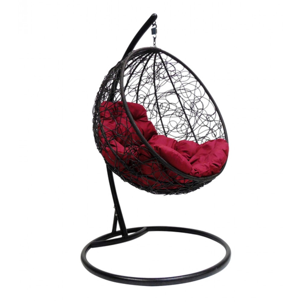 Подвесное кресло "Круглое" с ротангом, черное, цвет подушки: Бордовый