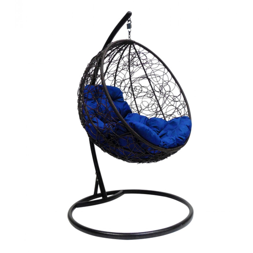 Подвесное кресло "Круглое" с ротангом, черное, цвет подушки: Синий