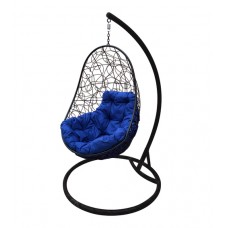 Кресло подвесное "Овал" с ротангом, черное, цвет подушки: Синий