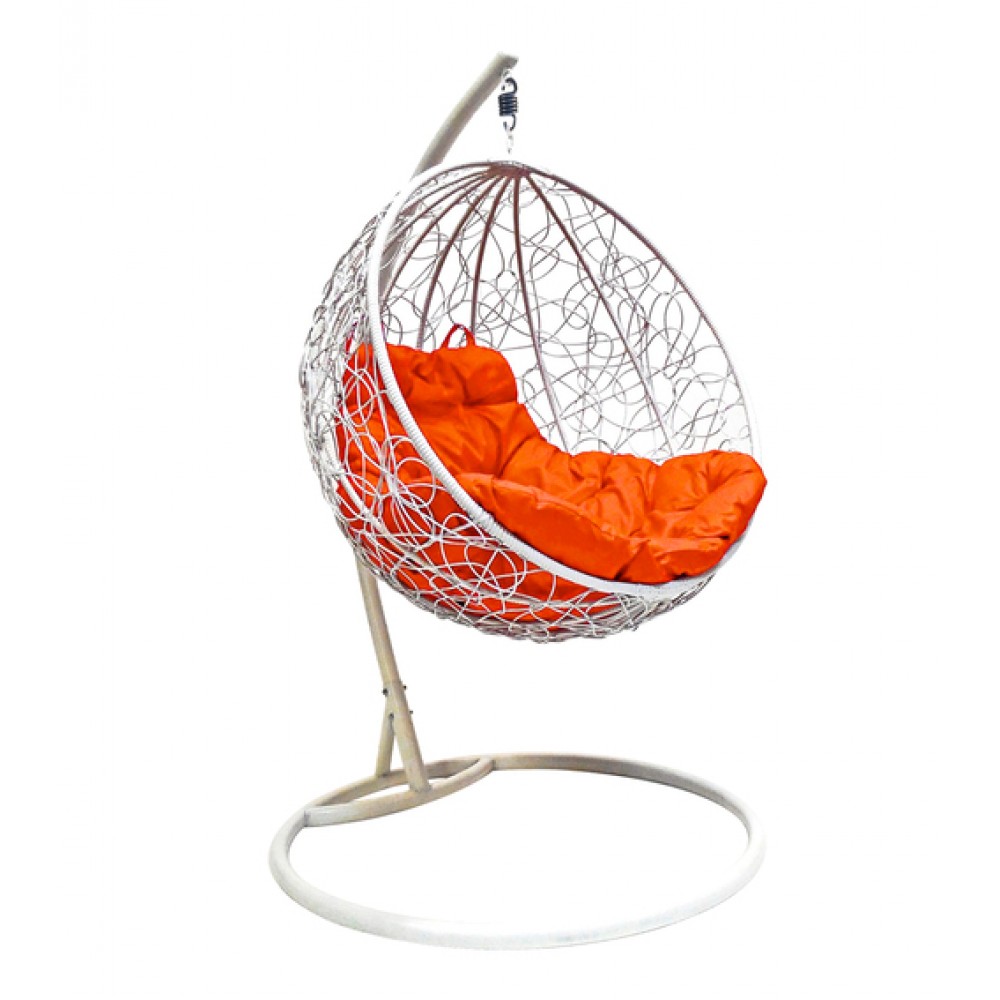 Подвесное кресло "Круглое" с ротангом, белое, цвет подушки: Оранжевый