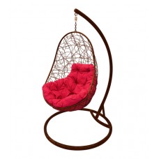 Кресло подвесное "Овал" с ротангом, коричневое, цвет подушки: Малиновый 