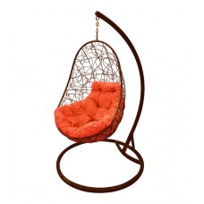 Кресло подвесное "Овал" с ротангом, коричневое, цвет подушки: Оранжевый 